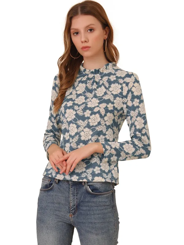 Women's Casual Floral Top Long Sleeve Ruffle Neck Lace Blouse sold by Allegra K