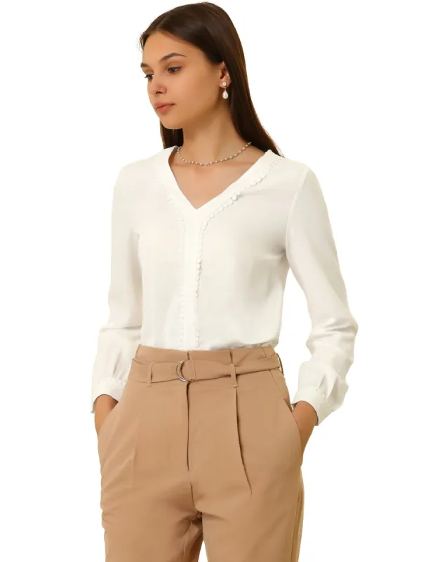 Women's Long Sleeve Casual Lace Trim Career V Neck Blouse sold by Allegra K