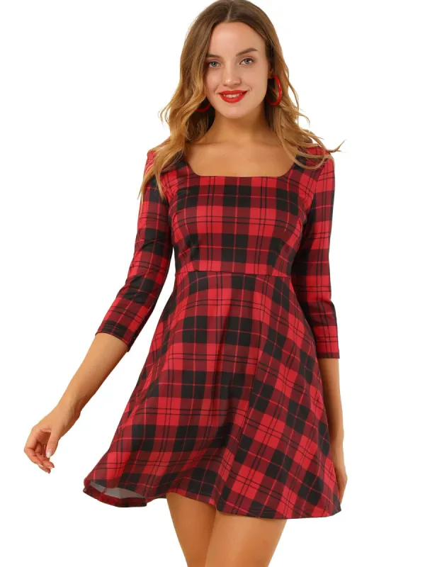 Women's Plaid Square Neck Short Sleeve Dress sold by Allegra K