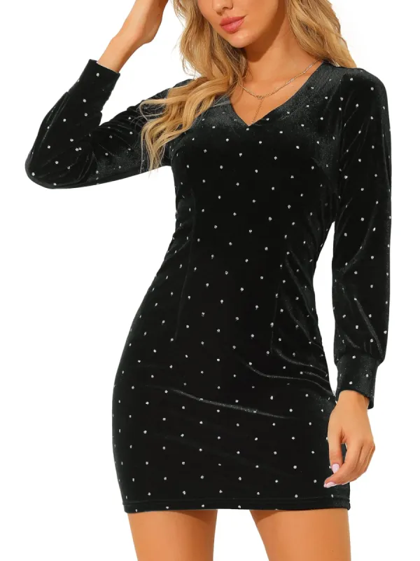 Women's V Neck Long Sleeve Party Glitter Velvet Casual Bodycon Mini Dress made by Allegra K