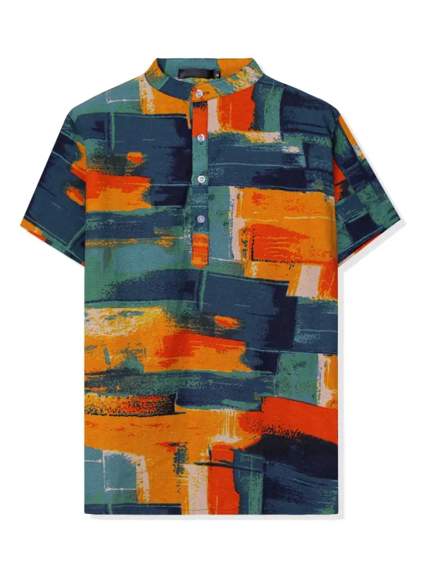 Men's Linen Henley Shirt Short Sleeve Pattern Button Down Color Block Shirts sold by Allegra K