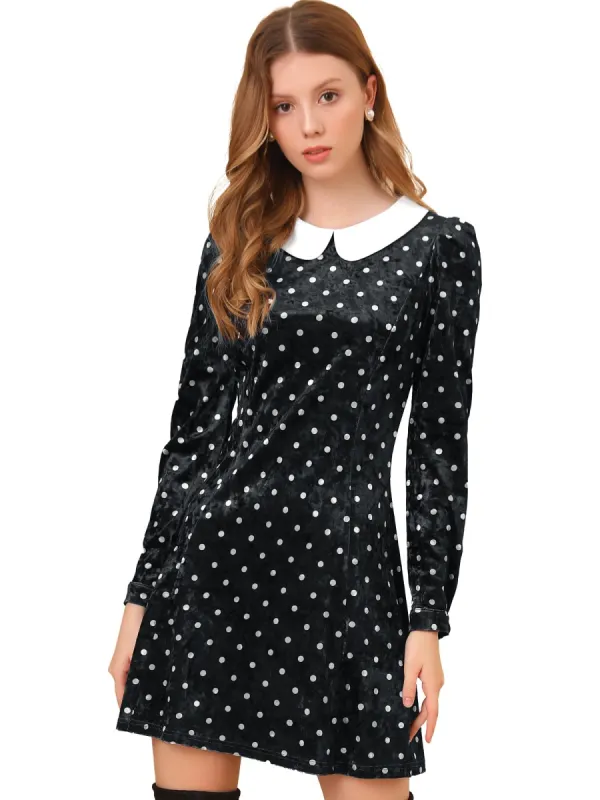 Women's Vintage Polka Dots A-line Peter Pan Collar Cute Velvet Dress sold by Allegra K