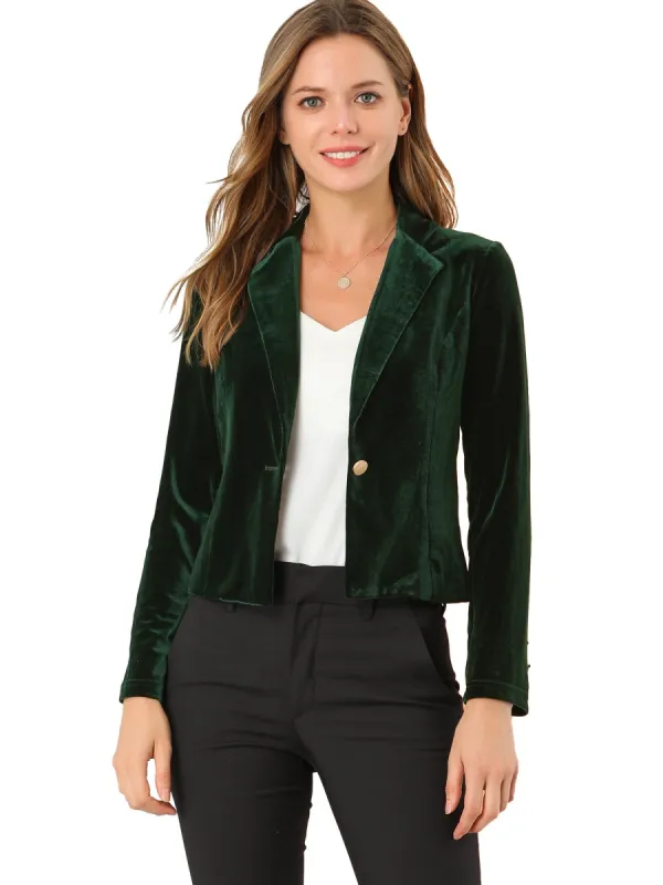 Women's 1 Button Velvet Blazer Lapel  Business Office Crop Suit Jacket sold by Allegra K