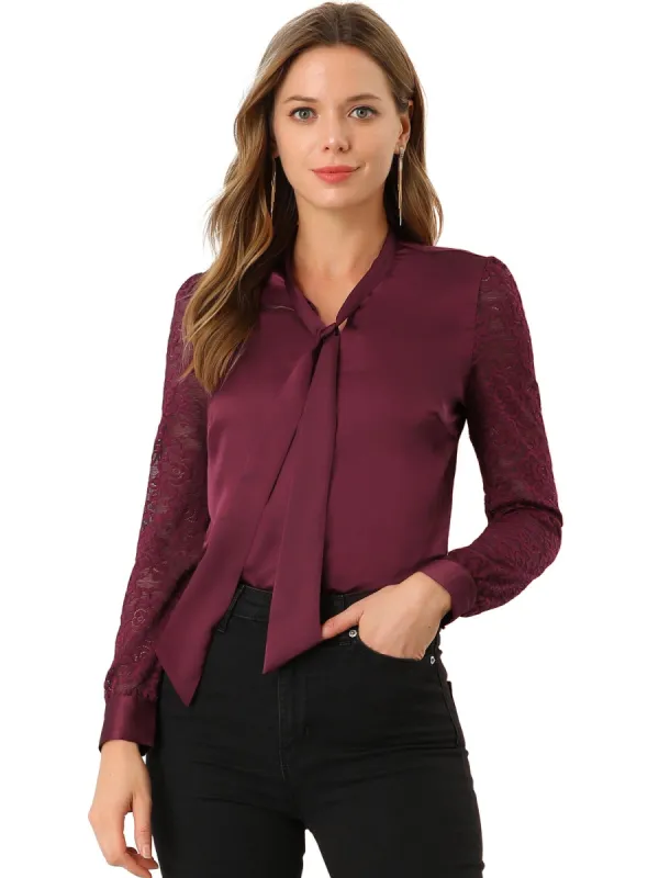 Women's Elegant Tie Neck Button Front Semi-Sheer Lace Sleeve Satin Blouse sold by Allegra K