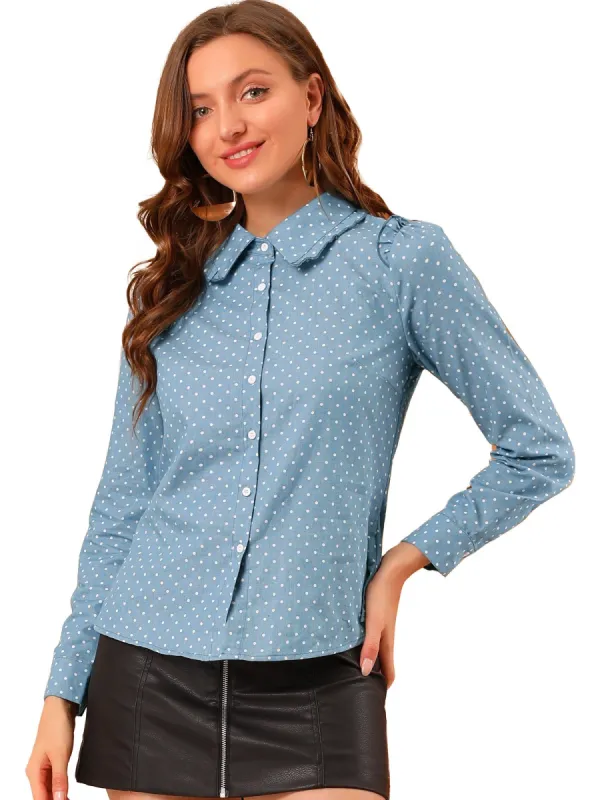 Women's Ruffle Point Collar Dots Long Sleeves Button Down Shirt sold by Allegra K