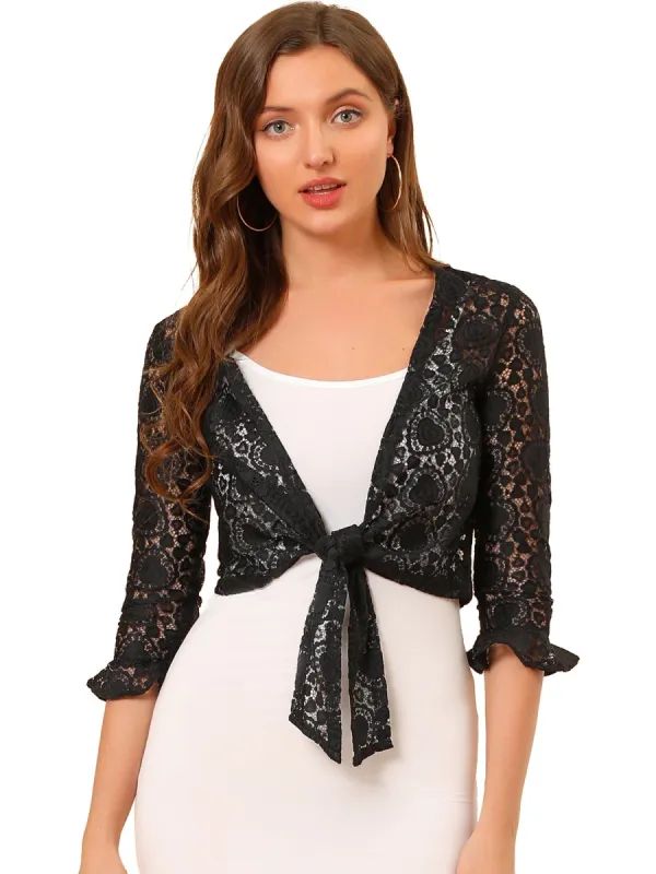 Women's Elegant Ruffled Sleeve Tie Front Lace Bolero Shrug Top sold by Allegra K