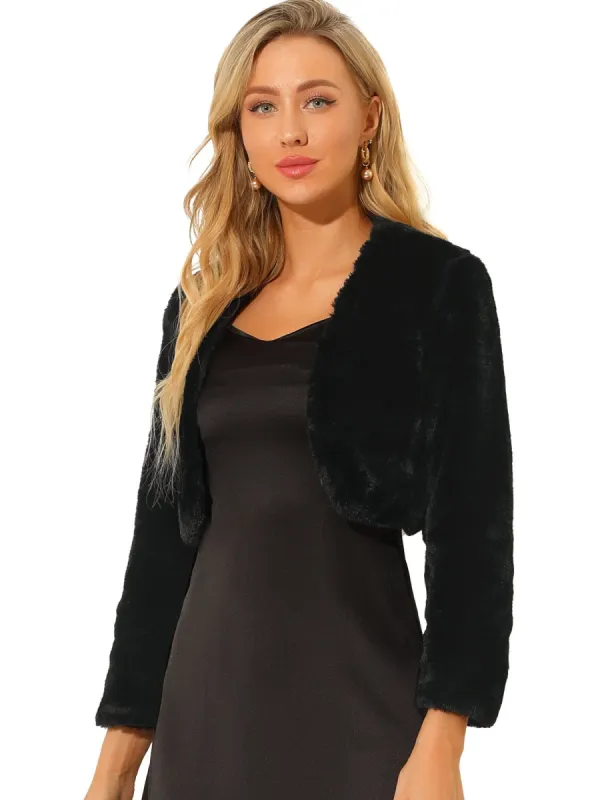 Women's Cropped Open Front Jacket Collarless Long Sleeve Faux Fur Coat sold by Allegra K
