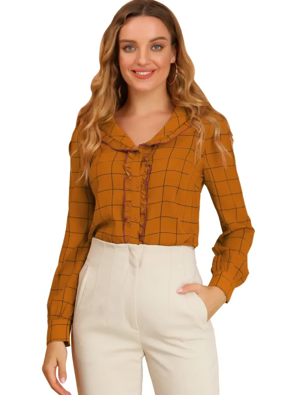 Women's Button Front Long Sleeve Collared Ruffle Plaid Shirt Blouse sold by Allegra K