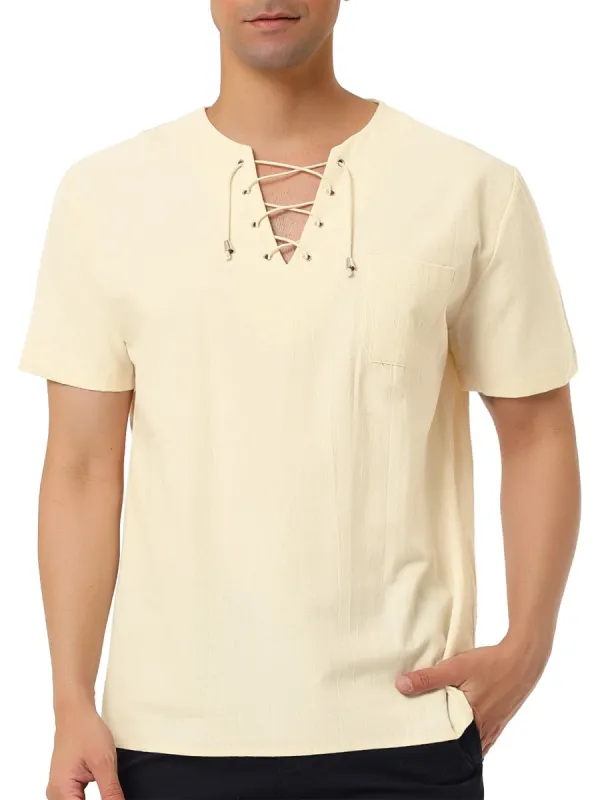 Men's Summer Lace Up T-Shirt Solid Color Short Sleeve V-Neck Linen Shirt sold by Allegra K