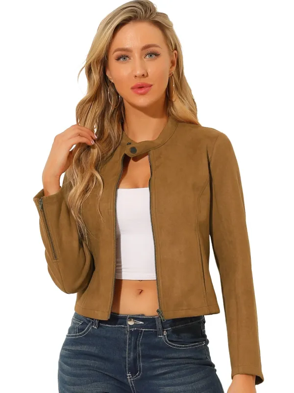 Women's Faux Suede Jacket Stand Collar Zip Up Long Sleeve Moto Biker Coat sold by Allegra K