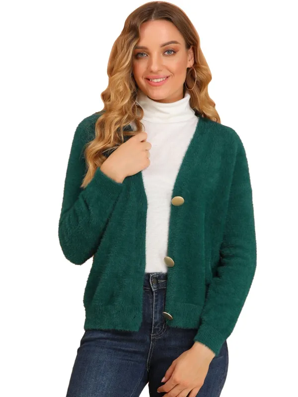 Women's Fluffy Cardigan Open Front V-Neck Long Sleeve Button Down Knit Sweater sold by Allegra K