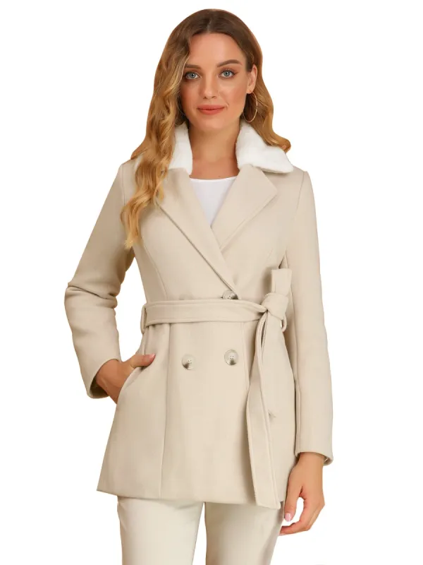 Women's Faux Fur Collar Coat Double Breasted Belted Winter Overcoat sold by Allegra K