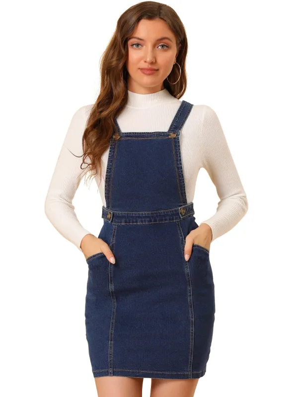 Women's Classic Adjustable Strap A-Line Suspender Overall Denim Dress made by Allegra K