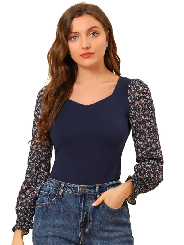 Women's Ditsy Floral Print Sweetheart Neck Chiffon Sleeve T Shirt Tops sold by Allegra K