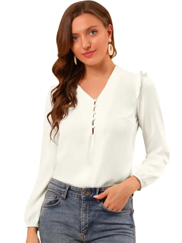 Women's V Neck Half Button Placket Office Career Ruffle Long Sleeve Blouses sold by Allegra K