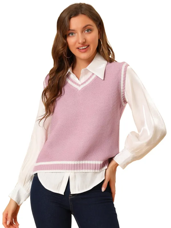 Women's V Neck Sweater Vest Contrast Color Knit Sleeveless Pullover Sweater sold by Allegra K