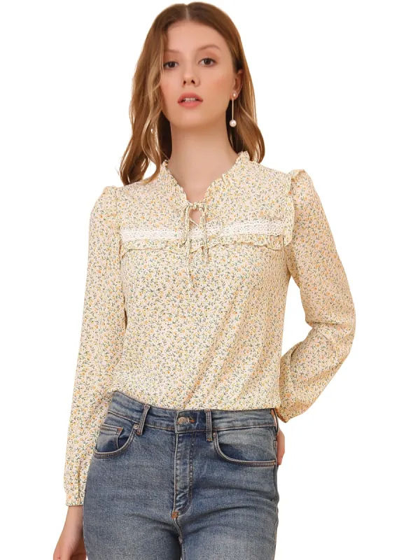 Women's Floral Top Ruffle Tie Neck Chiffon Blouse sold by Allegra K