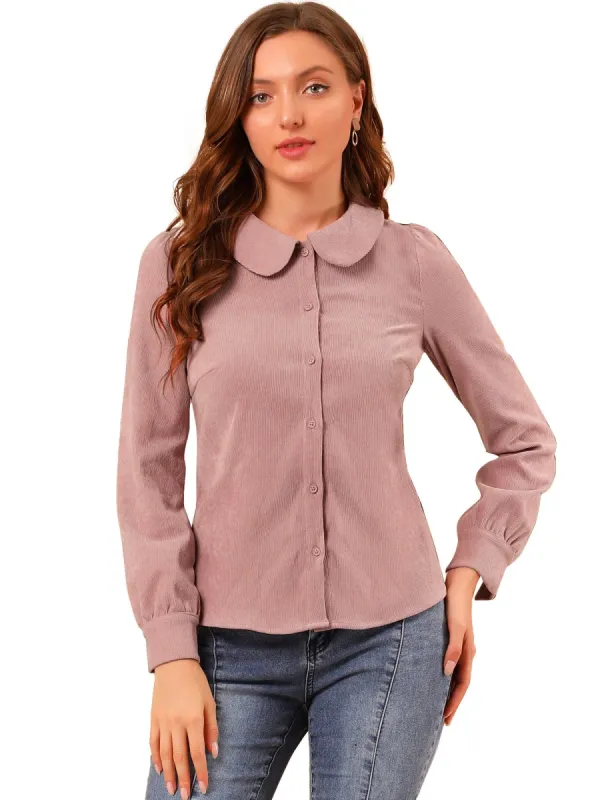 Women's Peter Pan Collar Casual Long Sleeve Corduroy Button Down Shirt sold by Allegra K