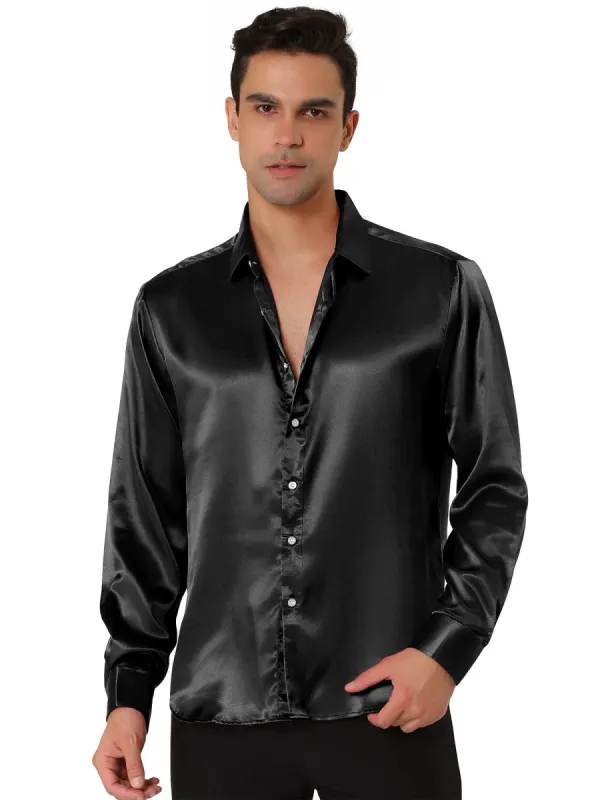 Men's Dress Satin V Neck Long Sleeves Button Down Slim Fit Prom Party Shirts made by Allegra K