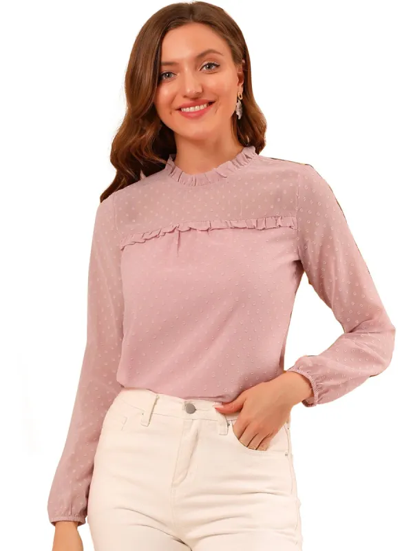 Women's Swiss Dots Textured Ruffle Neck Long Sleeve Blouse sold by Allegra K
