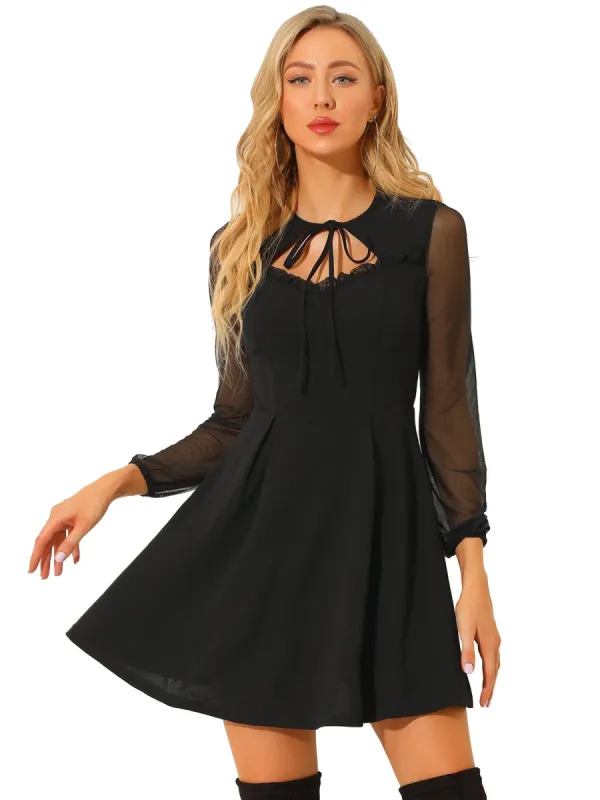 Women's Ruffled Sweetheart Neckline A-Line Tie Neck Mesh Long Sleeve Mini Dress sold by Allegra K