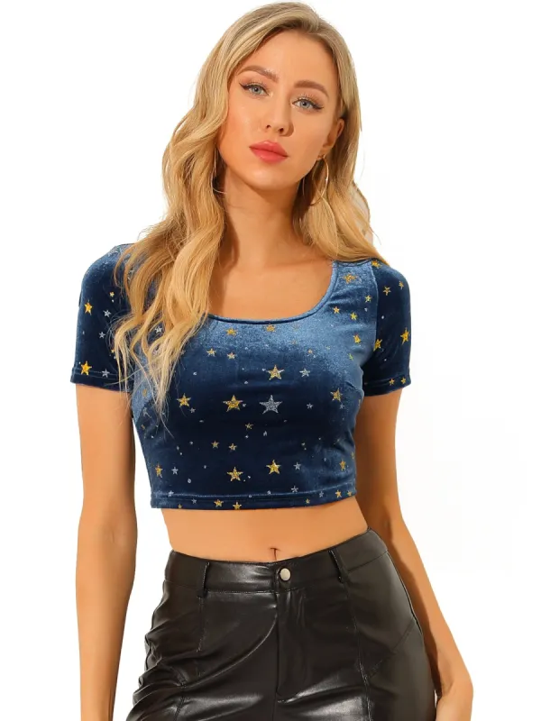 Women's  Velvet Scoop Neck Short Sleeve Slim Fit Crop Top sold by Allegra K