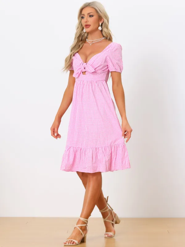 Gingham Dress Tie Knot Cut-Out Sweetheart Neck Dress sold by Allegra K