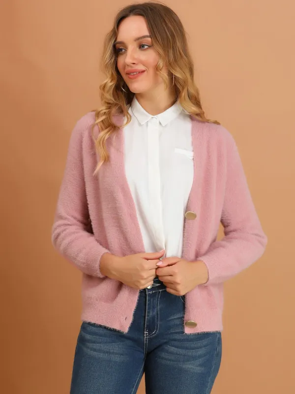 Button Down Fluffy Cardigan V-Neck Soft Knit Sweater sold by Allegra K