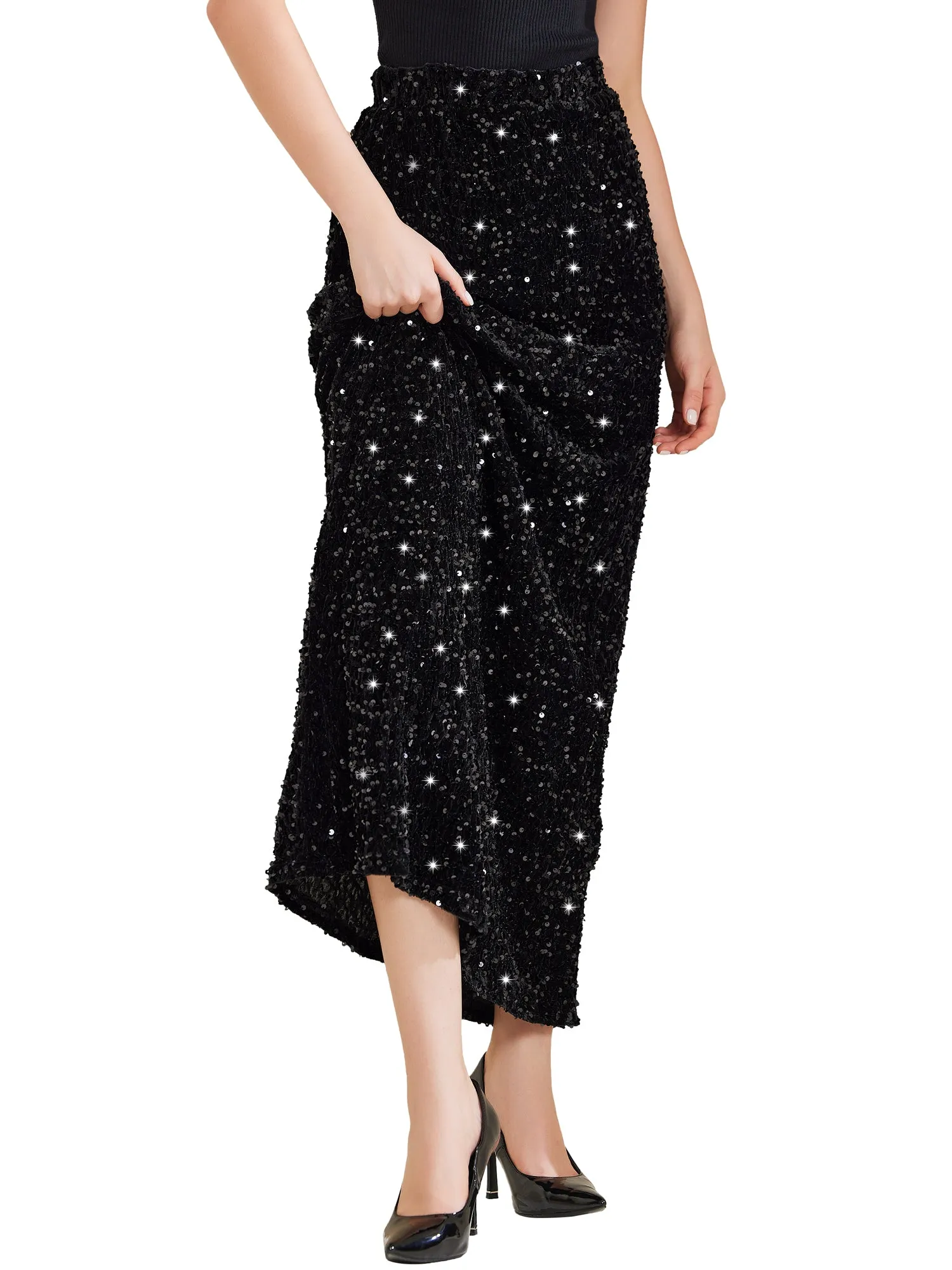 Sequin Velvet Elastic Waist Sparkle Party Maxi Skirt sold by Allegra K product image thumbnail 5