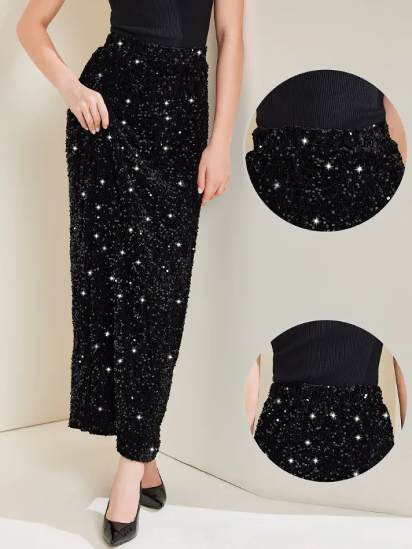 Sequin Velvet Elastic Waist Sparkle Party Maxi Skirt made by Allegra K