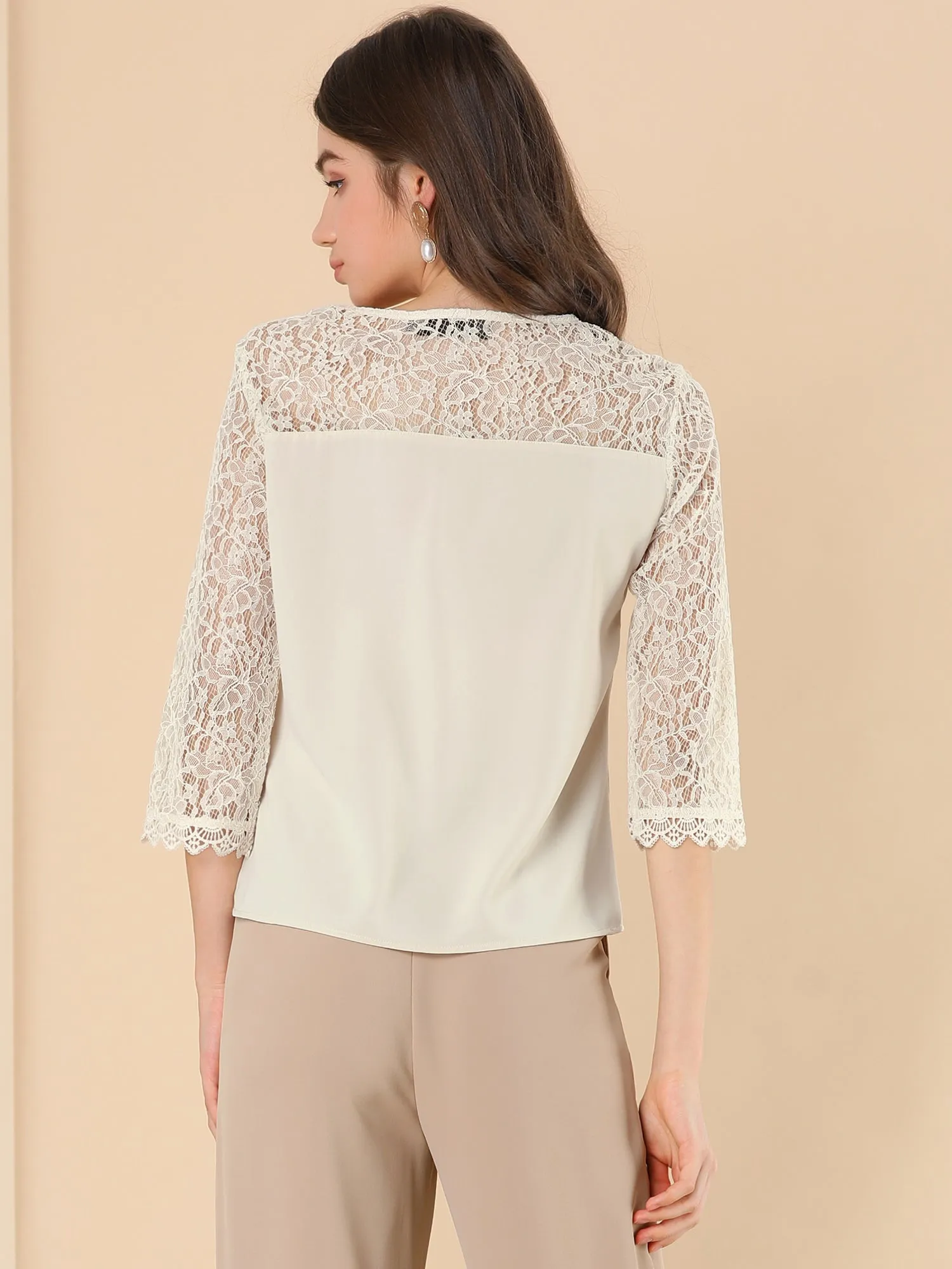 Elegant Lace Sheer See Through Top 3/4 Sleeve Office Blouse sold by Allegra K product image thumbnail 4