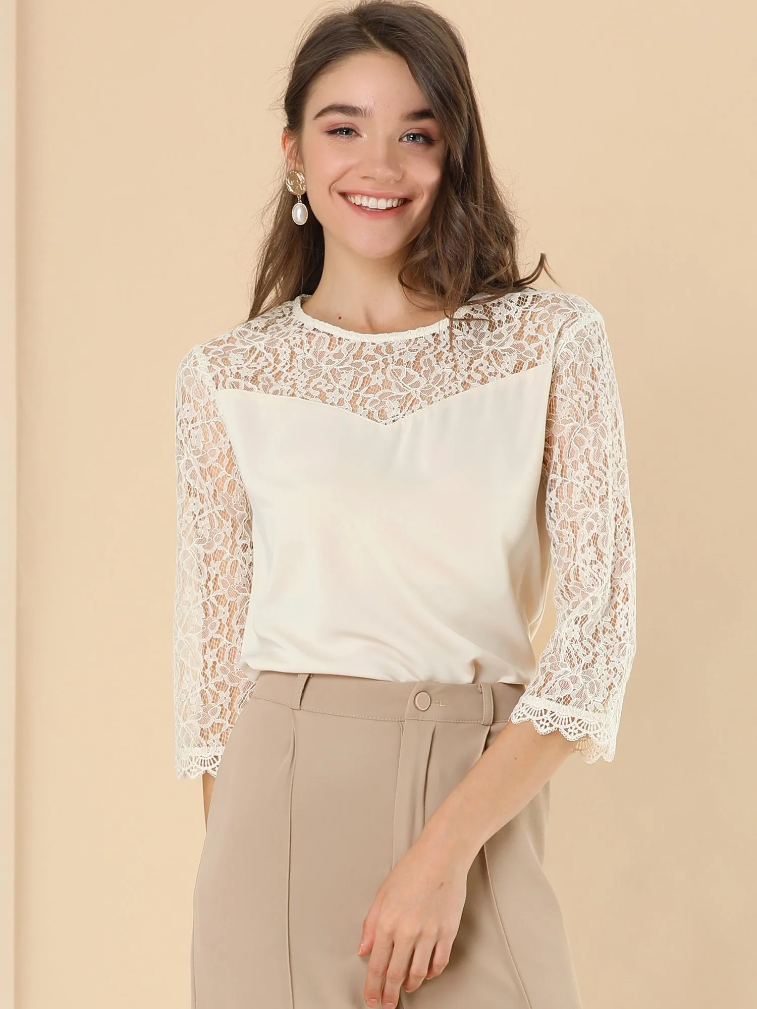 Elegant Lace Sheer See Through Top 3/4 Sleeve Office Blouse sold by Allegra K