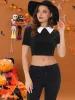 Velvet Blouse Slim Fit Short Sleeve Contrast Collar Crop Top sold by Allegra K