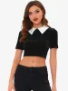 Velvet Blouse Slim Fit Short Sleeve Contrast Collar Crop Top sold by Allegra K