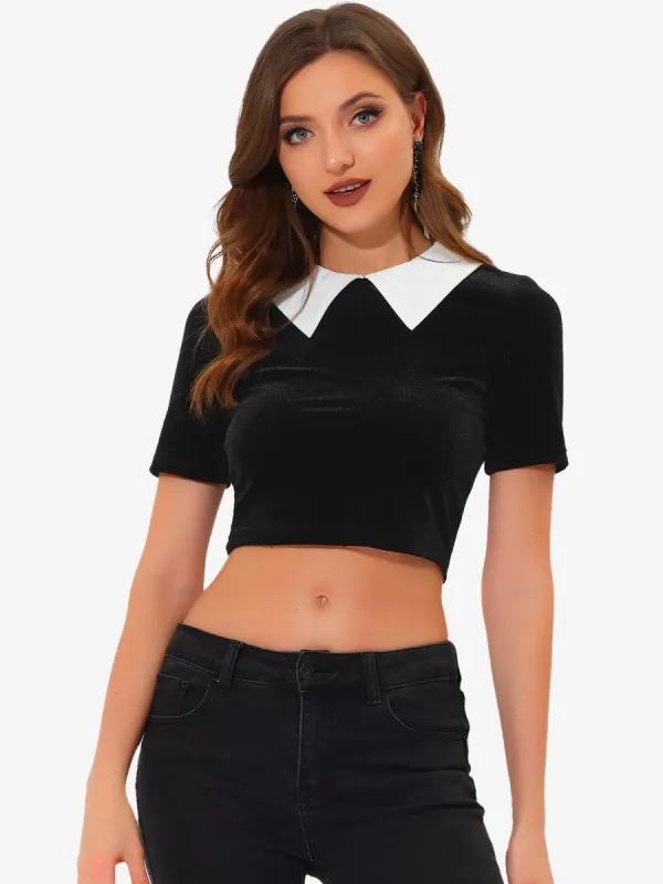 Velvet Blouse Slim Fit Short Sleeve Contrast Collar Crop Top sold by Allegra K