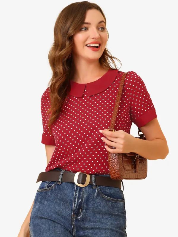 Peter Pan Collar Vintage Polka Dots Short Sleeves Blouse sold by Allegra K