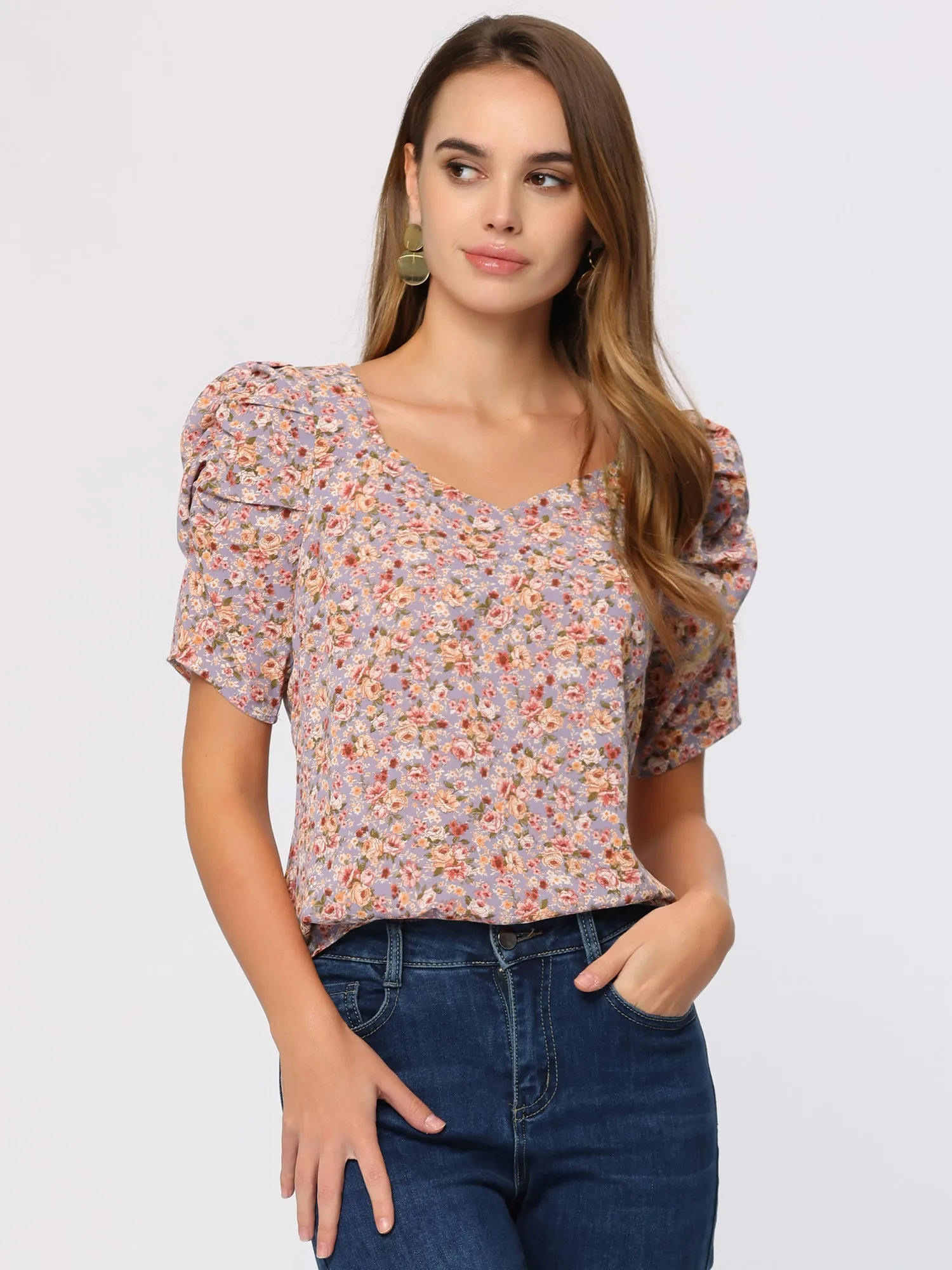Floral Print Sweetheart Neck Short Sleeve Summer Blouse sold by Allegra K product image thumbnail 2