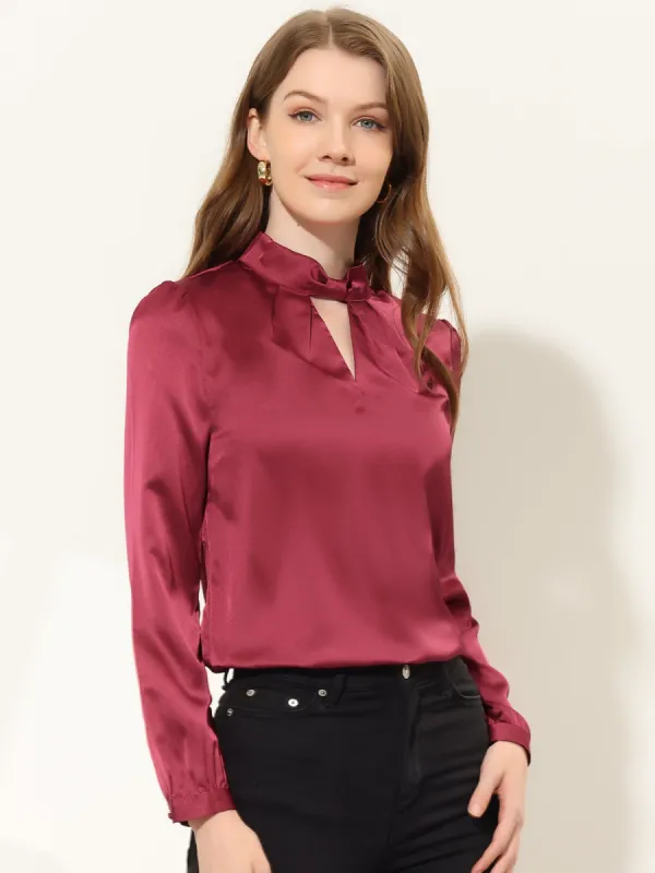 Office Shirt Keyhole Elegant Mock Neck Long Sleeve Satin Blouse sold by Allegra K