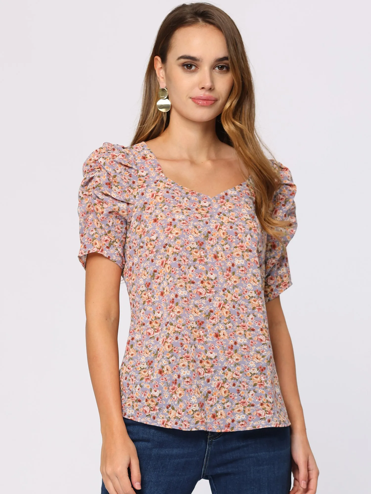 Floral Print Sweetheart Neck Short Sleeve Summer Blouse sold by Allegra K