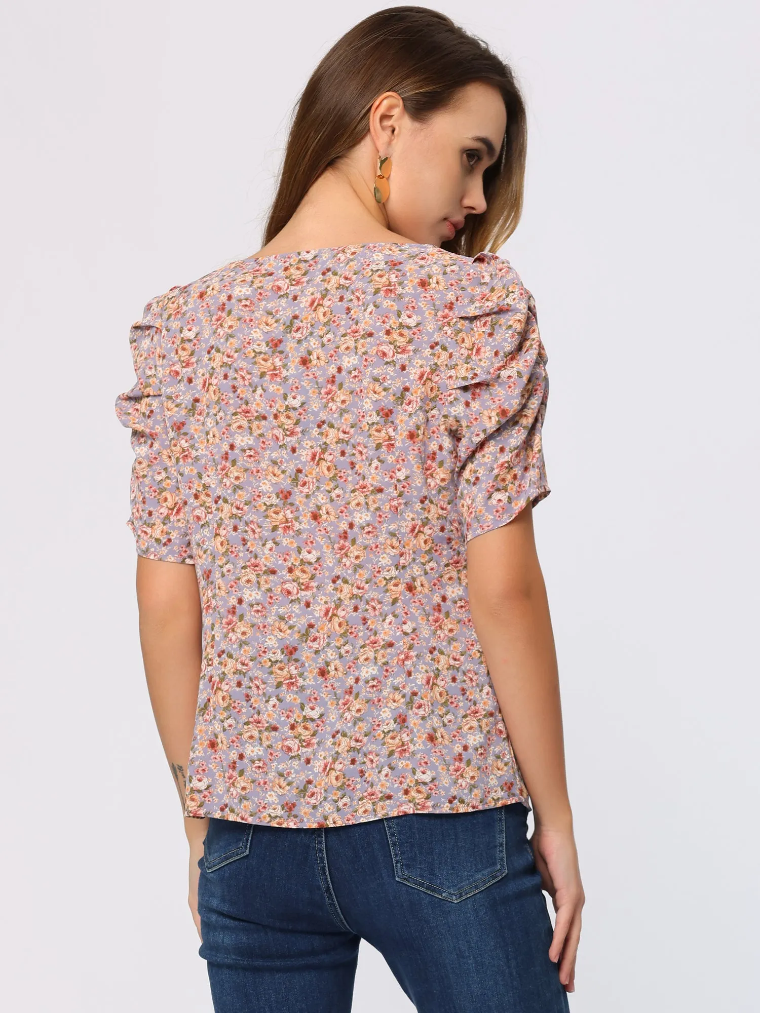 Floral Print Sweetheart Neck Short Sleeve Summer Blouse sold by Allegra K product image thumbnail 3