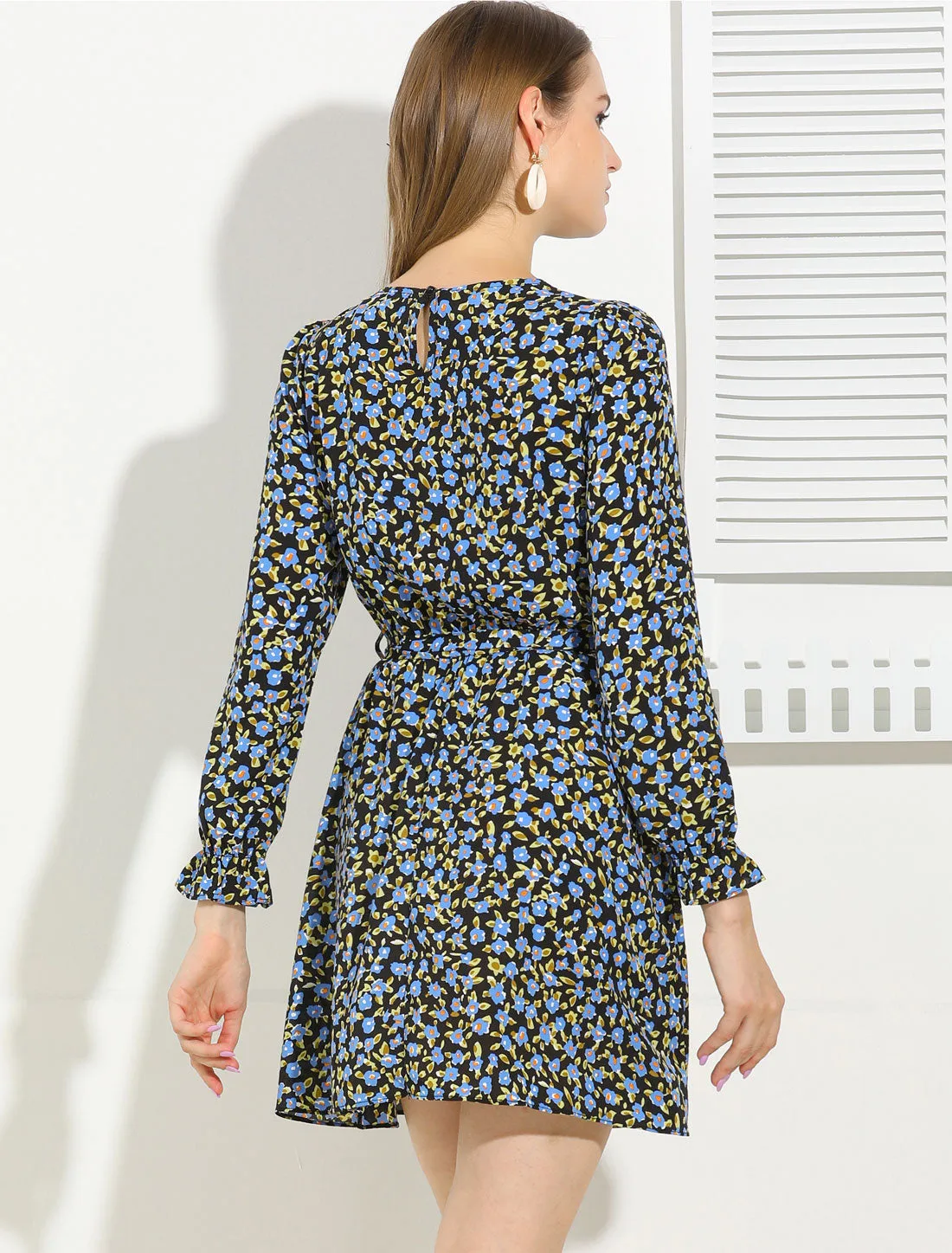 Floral Ruffle Long Sleeve Round Neck Belt Autumn Dress sold by Allegra K product image thumbnail 5