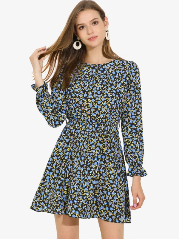 Floral Ruffle Long Sleeve Round Neck Belt Autumn Dress sold by Allegra K