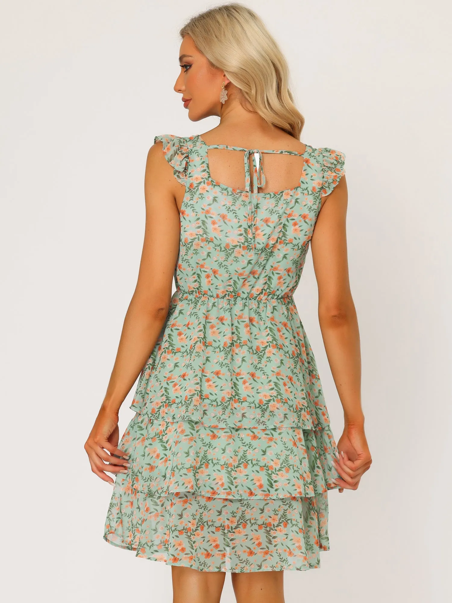 Floral Summer Tie Back Sweetheart Ruffle Layered Sleeveless Mini Dress Sundress sold by Allegra K product image thumbnail 3