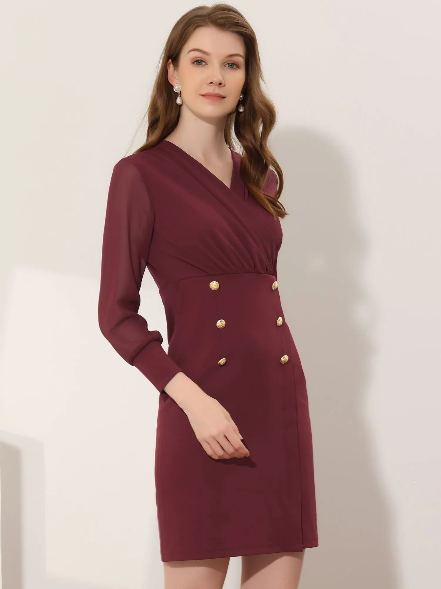 Work Office V Neck Mesh Sheer Sleeve Mini Dress sold by Allegra K product image thumbnail 2