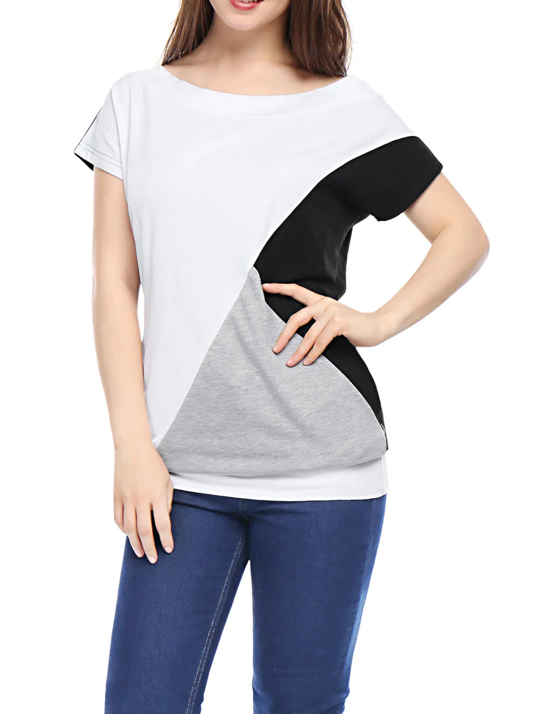 Boat Neck Short Sleeve Color Block Casual Tunic Batwing Top sold by Allegra K product image thumbnail 2