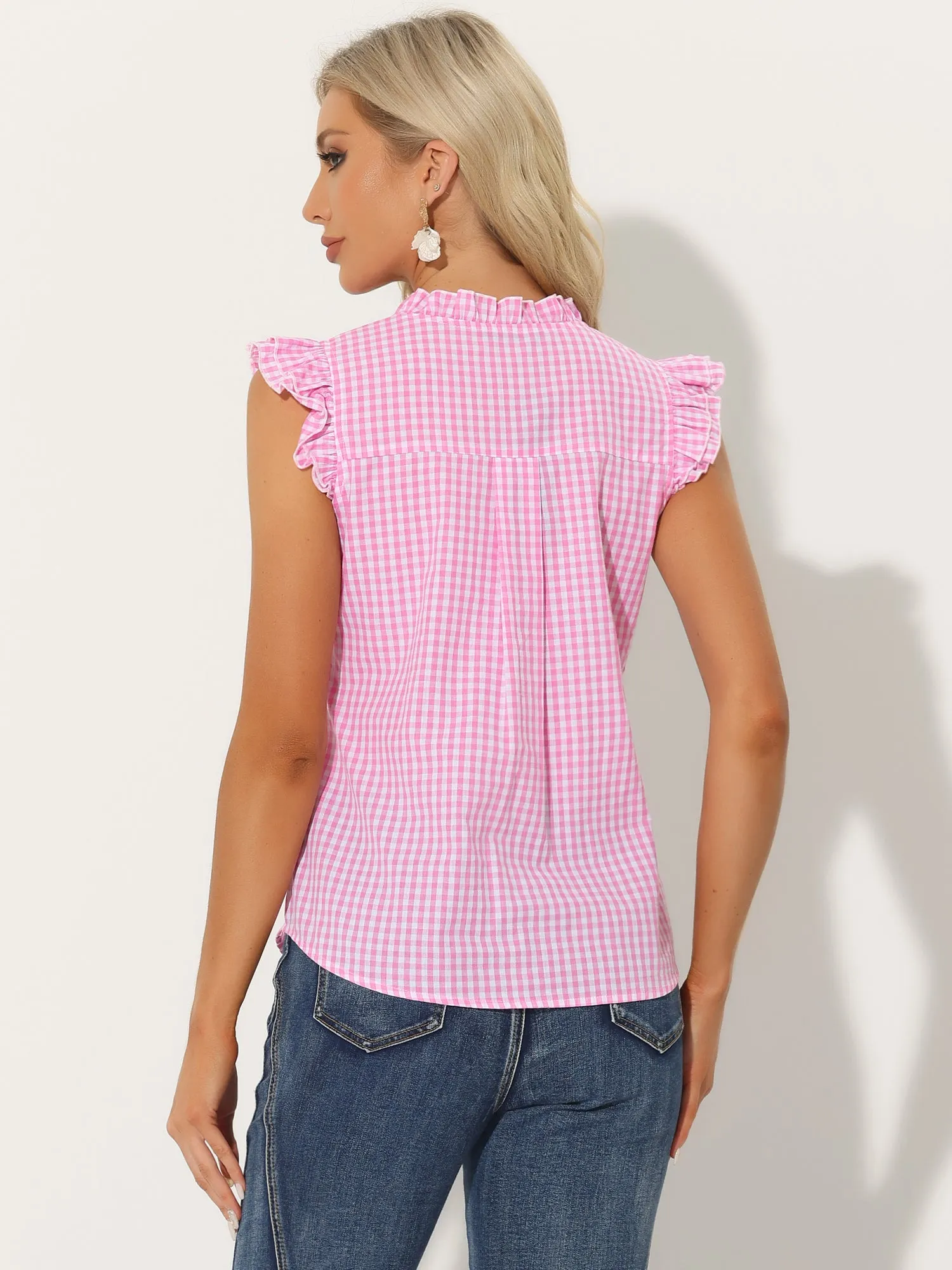 Ruffle Button Down Cap Sleeve Plaid Gingham Blouse sold by Allegra K product image thumbnail 3