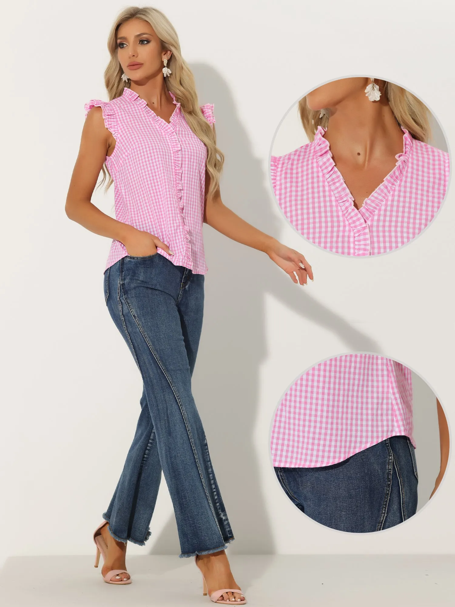 Ruffle Button Down Cap Sleeve Plaid Gingham Blouse sold by Allegra K product image thumbnail 2