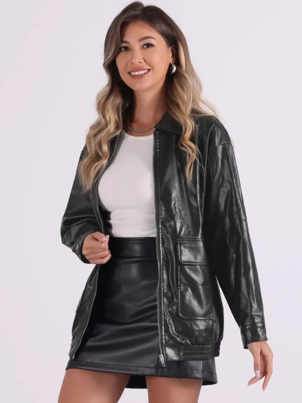 Long Sleeves Motorcycle Biker Zipper Faux PU Leather Jacket sold by Allegra K