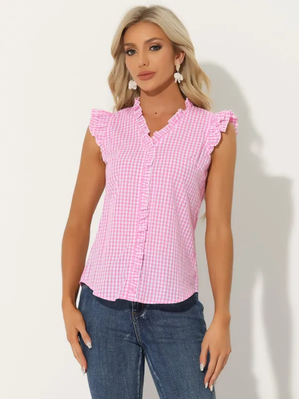 Ruffle Button Down Cap Sleeve Plaid Gingham Blouse sold by Allegra K