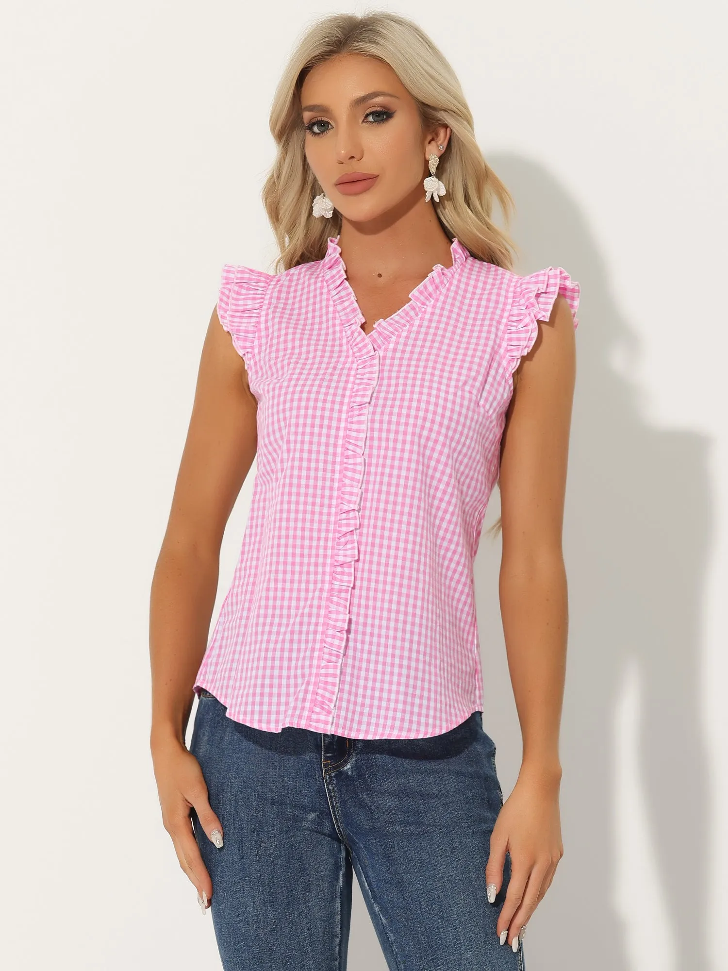 Ruffle Button Down Cap Sleeve Plaid Gingham Blouse sold by Allegra K